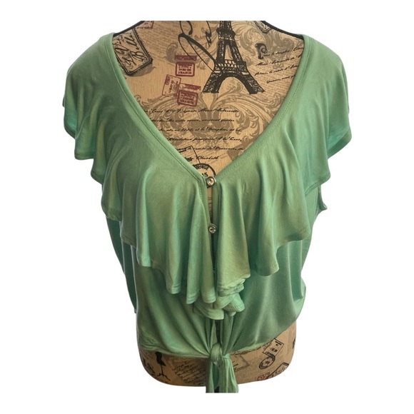 Iris Basic Tops - Iris Basic Mint Ruffle Tie-Front Blouse